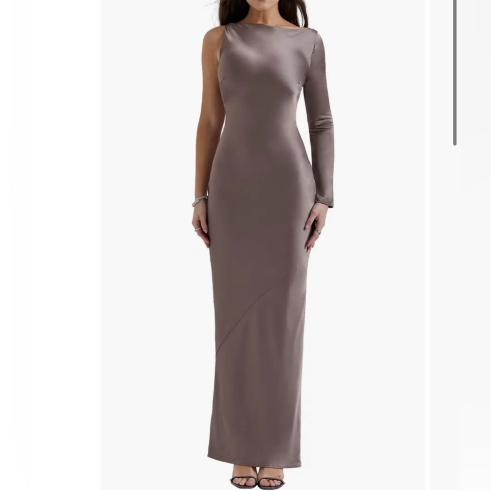House of CB Catiana Asymmetrical Satin Cocktail Dress in Brown / Pebble Gray
